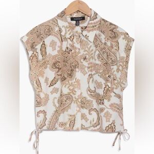 NWT ELLEN TRACY DRAWSTRING TAN IVORY AND PINK PAISLEY DESIGN SHORT SLEEVE